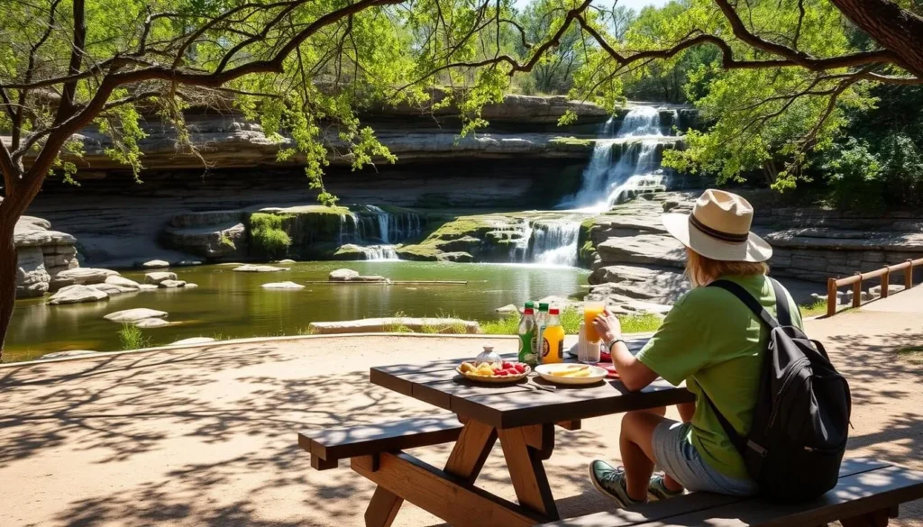 Visitor enjoying a picnic at McKinney Falls State Park with waterfall view Visitor enjoying a picnic at McKinney Falls State Park with waterfall view