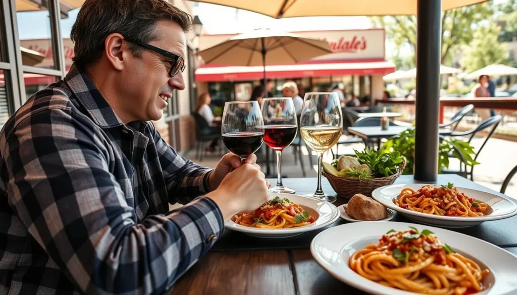 Visitor enjoying local cuisine at an outdoor table at Muriale's Italian Restaurant in Fairmont