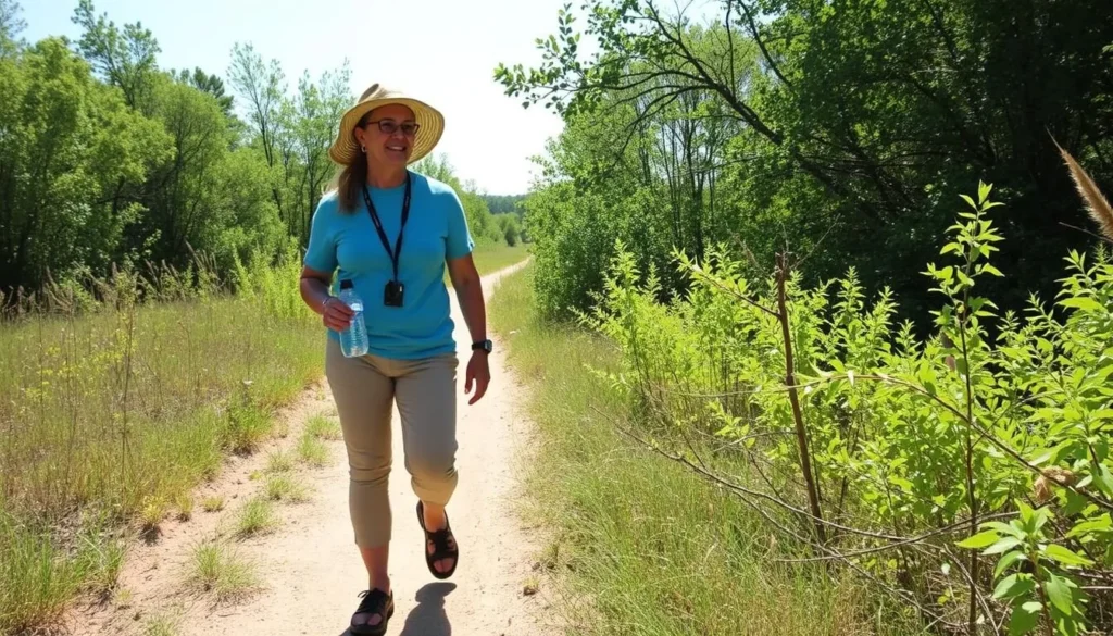 Visitor following trail etiquette at Lake Jackson Mounds Archaeological State Park