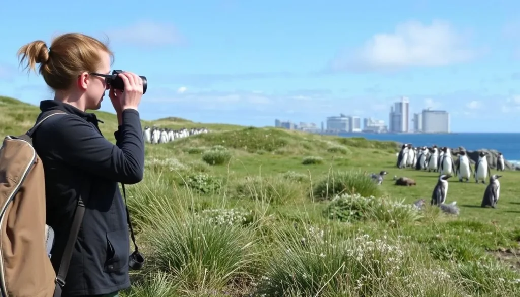 Visitor following wildlife viewing guidelines on Saunders Island, Falkland Islands
