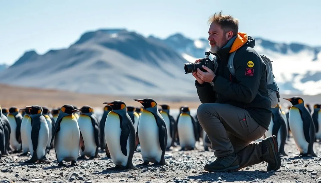Visitor following wildlife viewing guidelines with penguins in South Georgia