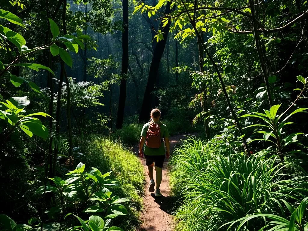 Visitor hiking through Montana Santa Barbara cloud forest during dry season Visitor hiking through Montana Santa Barbara cloud forest during dry season