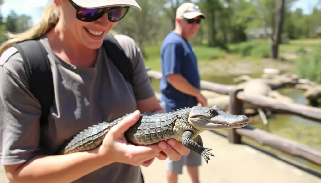 Visitor holding a baby alligator at Gator Country Adventure Park in Beaumont