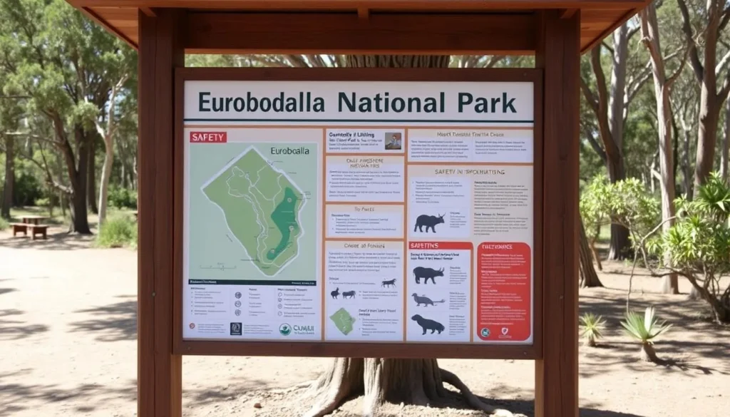 Visitor information board at Eurobodalla National Park entrance with map and safety information