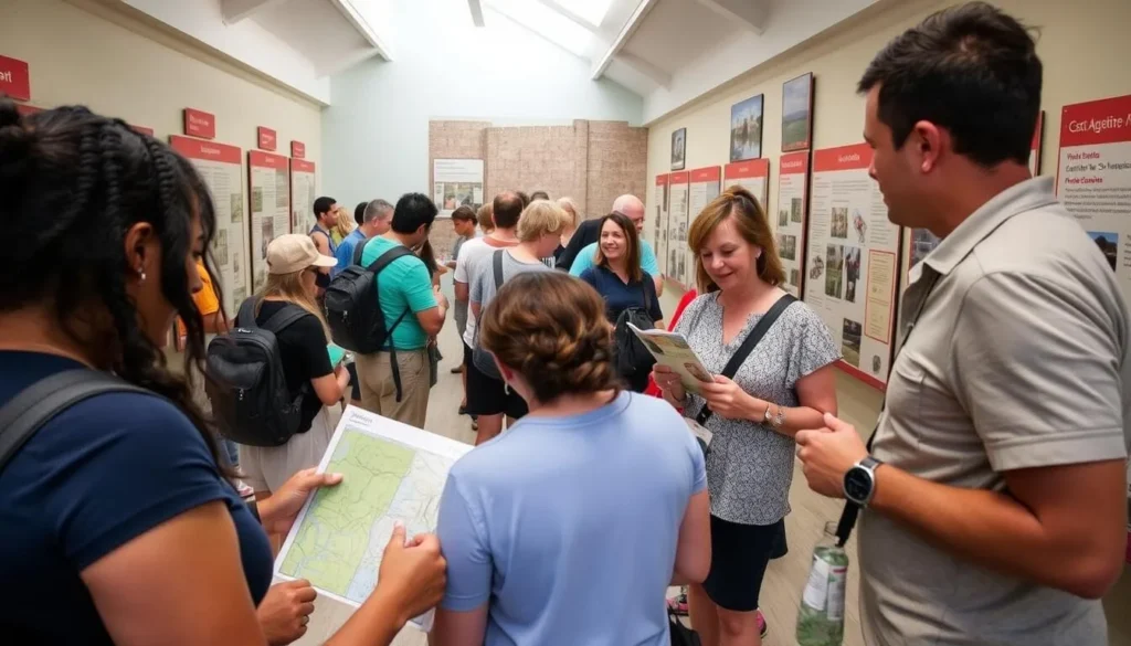 Visitor information center near Castillo de San Marcos with tourists planning their day Visitor information center near Castillo de San Marcos with tourists planning their day