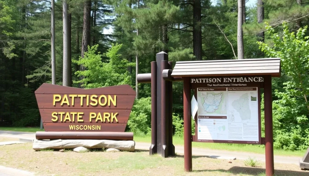 Visitor information sign at entrance to Pattison State Park Wisconsin