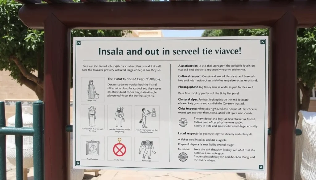 Visitor information sign showing etiquette guidelines at the entrance to Misfah al Abriyyin