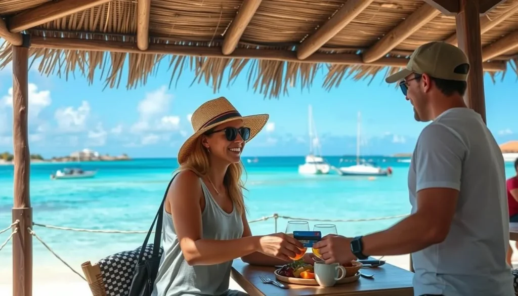 Visitor paying for meal at Scilly Cay with credit card Visitor paying for meal at Scilly Cay with credit card