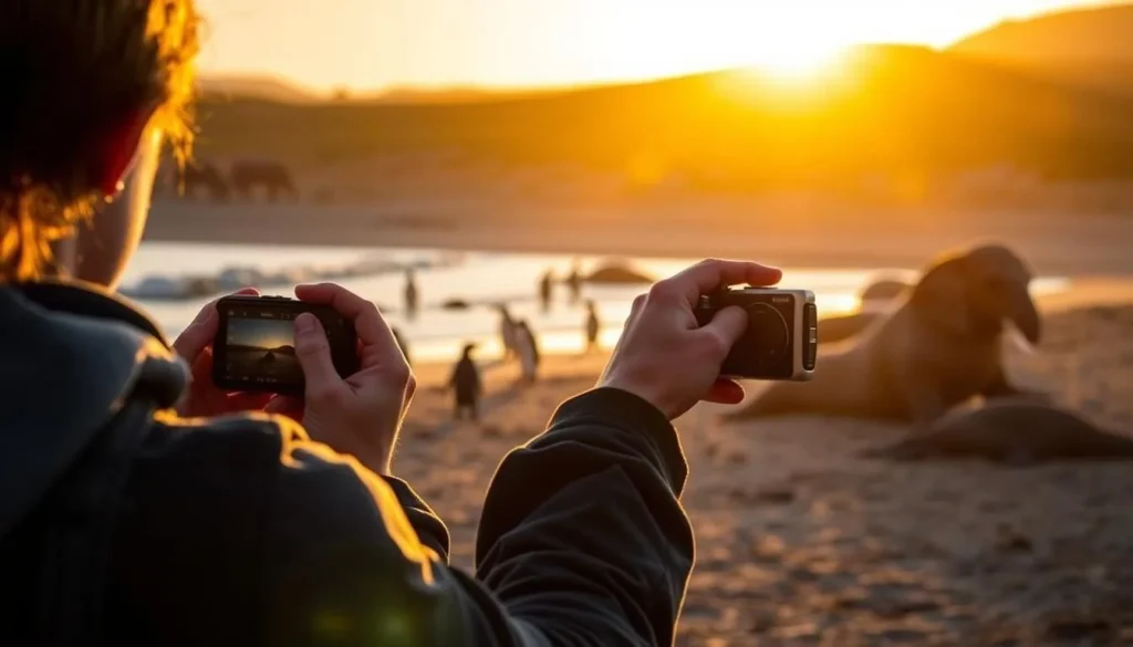 Visitor photographing wildlife at sunrise on Sea Lion Island with dramatic lighting