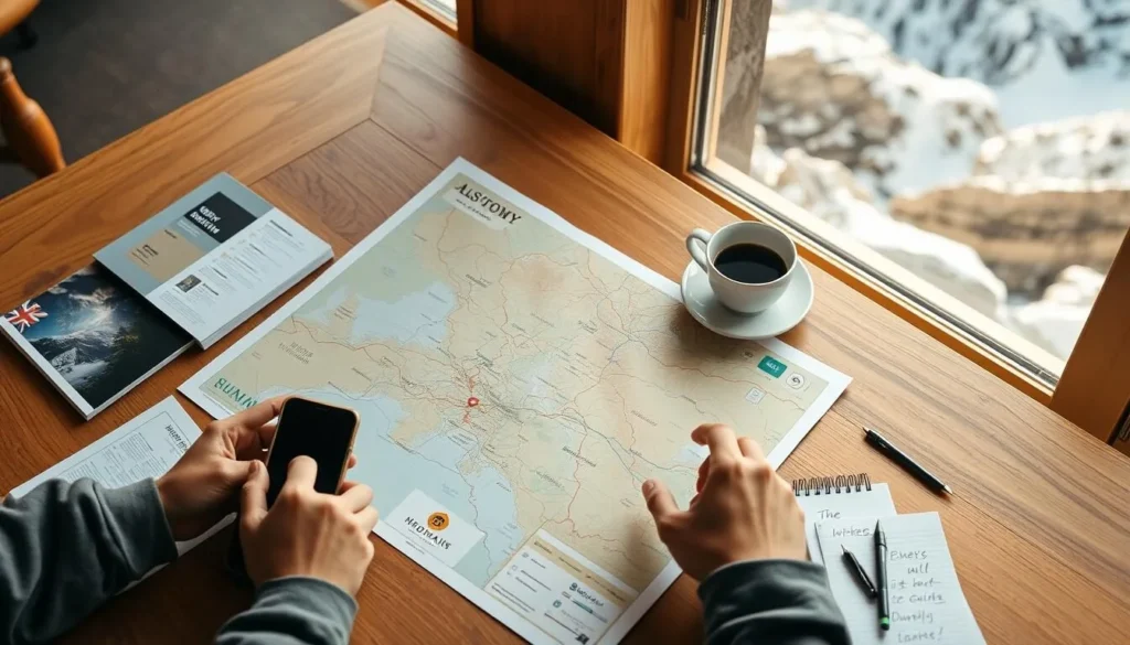 Visitor planning their Snowy Mountains itinerary with maps and guidebooks