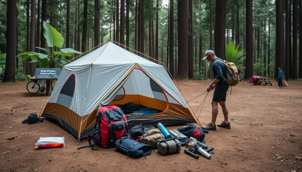 Visitor preparing camping equipment at Alas Purwo National Park