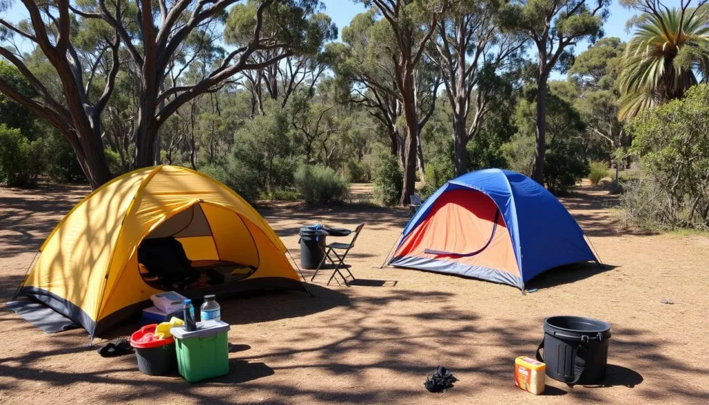 Visitor preparing camping gear at Innes National Park campsite