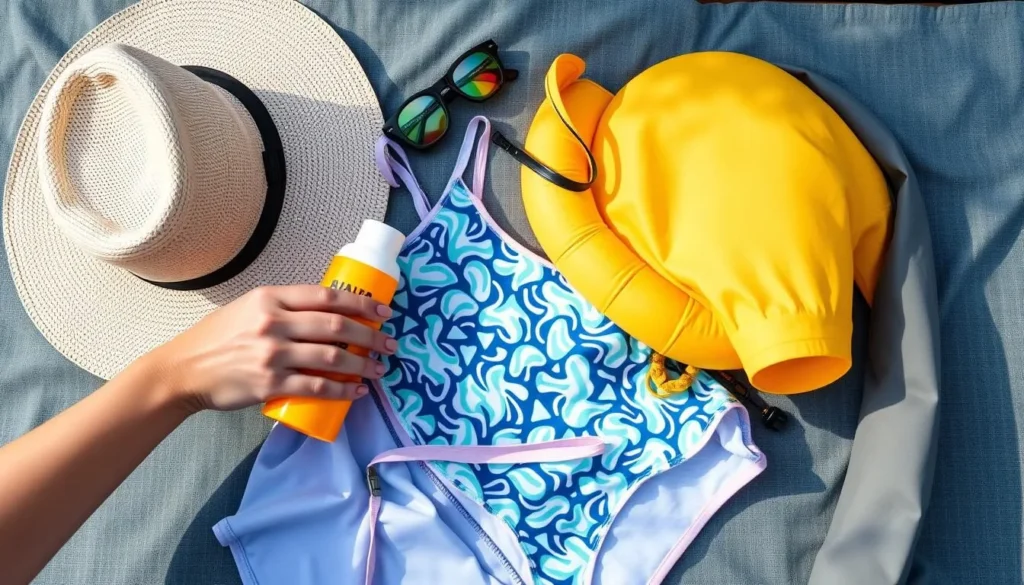 Visitor preparing for Mataranka visit with hat, sunscreen, water bottle and swimwear