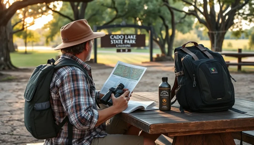 Visitor preparing for a day at Caddo Lake with binoculars, water bottle, and map Visitor preparing for a day at Caddo Lake with binoculars, water bottle, and map