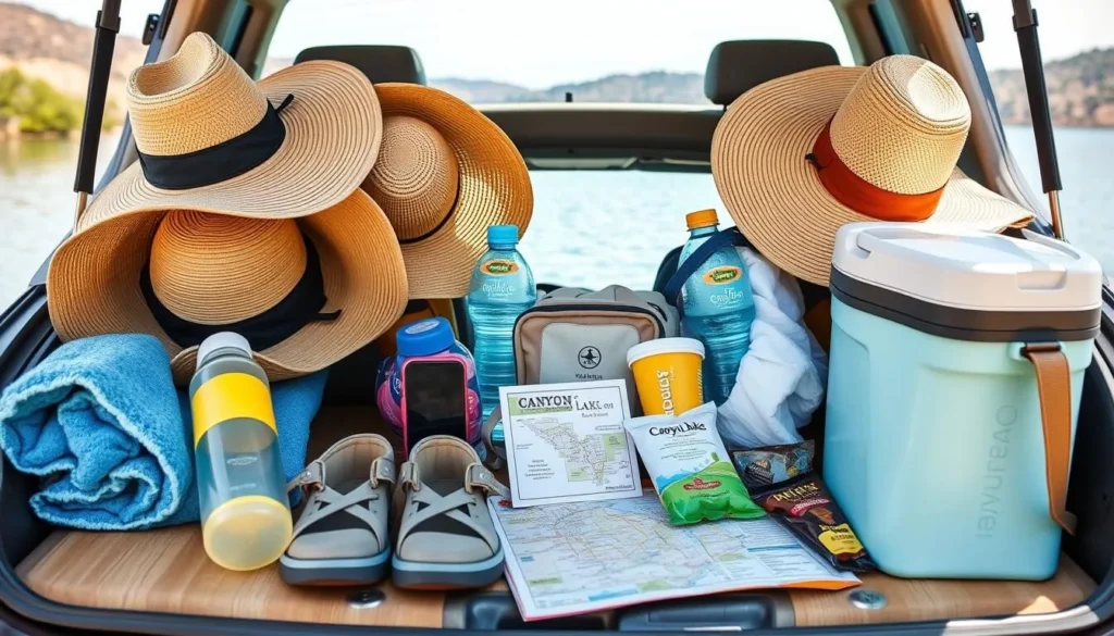 Visitor preparing for a day at Canyon Lake with essentials like sunscreen, water bottles, and maps