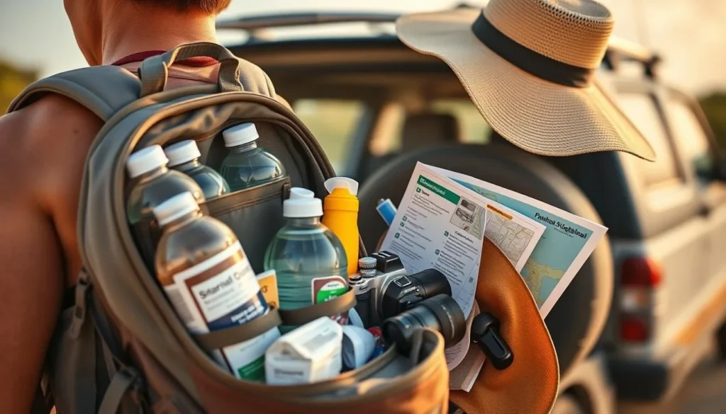 Visitor preparing for a day at Washington Slagbaai National Park with backpack and supplies