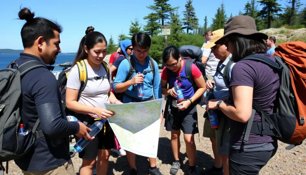 Visitor preparing for a day hike on Isle au Haut with proper gear including water bottles, map, and backpack