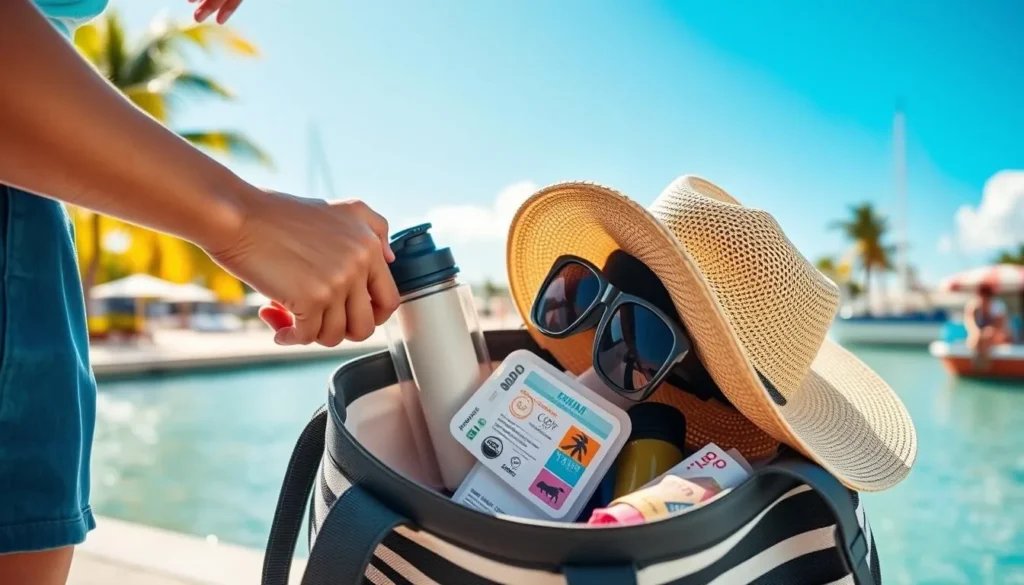 Visitor preparing for a day trip to Marina Cay with essential items Visitor preparing for a day trip to Marina Cay with essential items