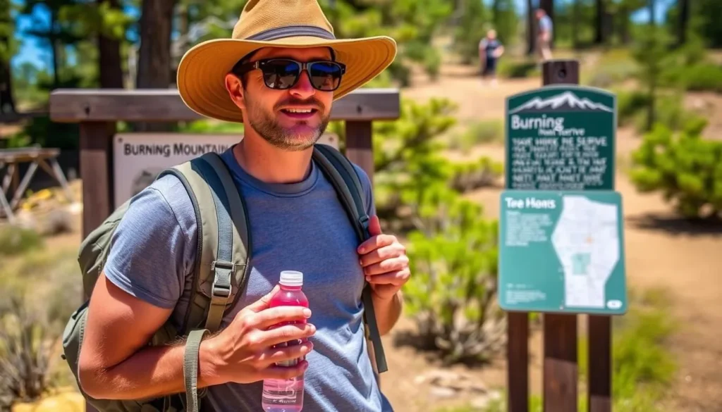 Visitor preparing for a hike at Burning Mountain Nature Reserve with proper gear