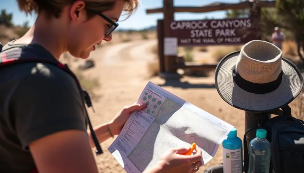 Visitor preparing for a hike at Caprock Canyons State Park with proper gear and supplies Visitor preparing for a hike at Caprock Canyons State Park with proper gear and supplies
