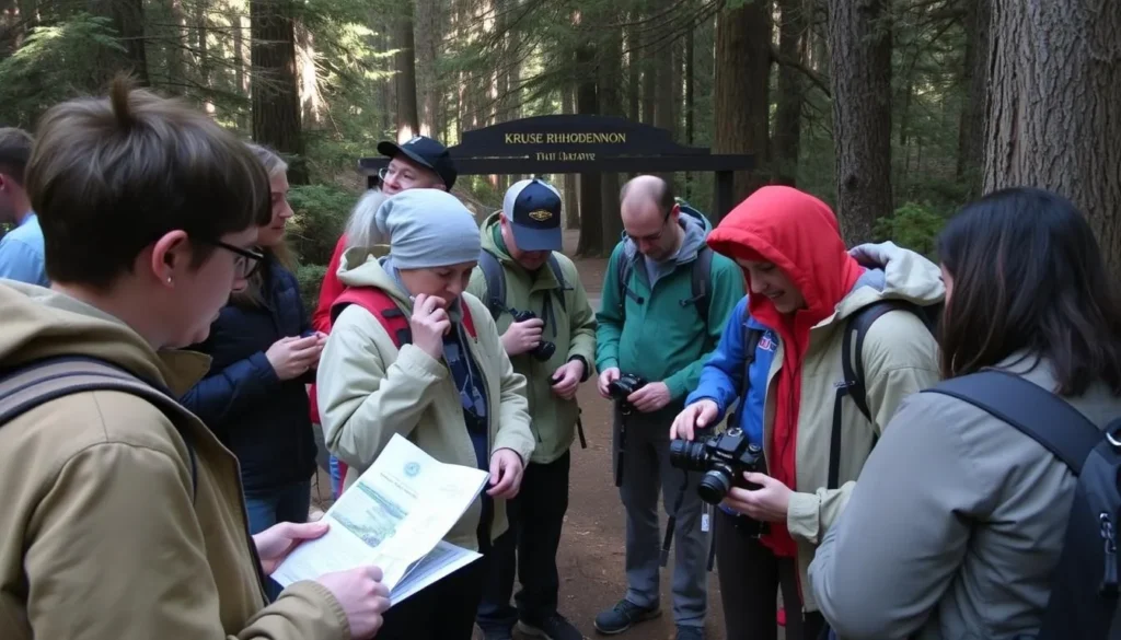 Visitor preparing for a hike at Kruse Rhododendron State Natural Reserve