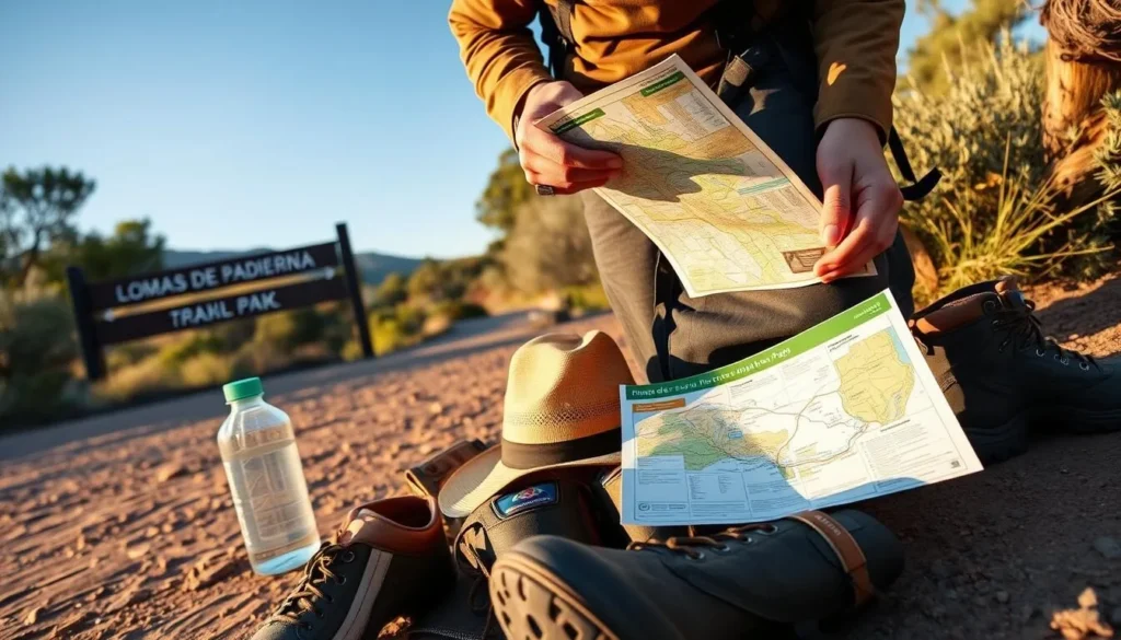 Visitor preparing for a hike at Lomas de Padierna National Park with proper gear