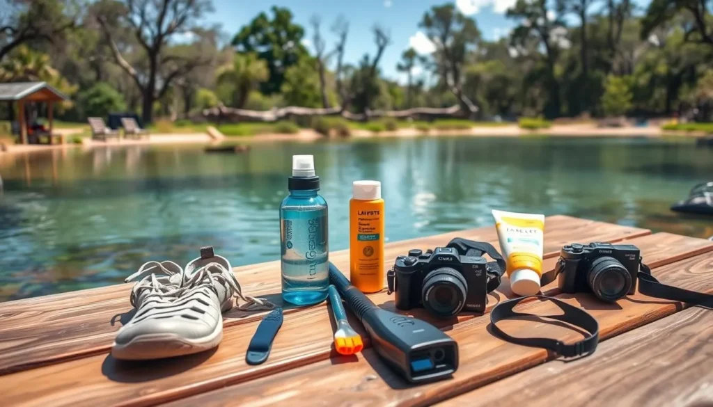 Visitor preparing gear for a day at Lafayette Blue Springs with proper equipment