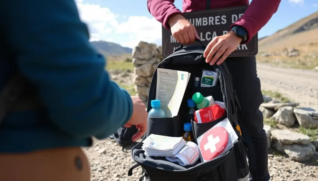 Visitor preparing hiking gear at Cumbres de Majalca National Park entrance Visitor preparing hiking gear at Cumbres de Majalca National Park entrance