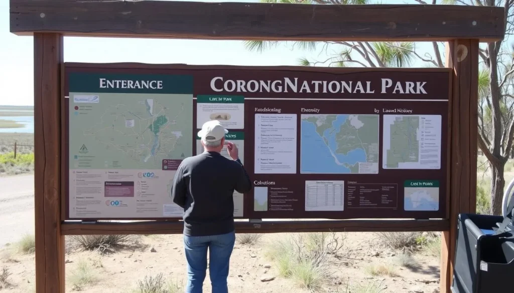 Visitor reading information sign at Coorong National Park entrance, South Australia