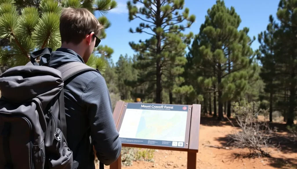 Visitor reading information sign at Mount Crawford Forest trail entrance with backpack and hiking gear in South Australia