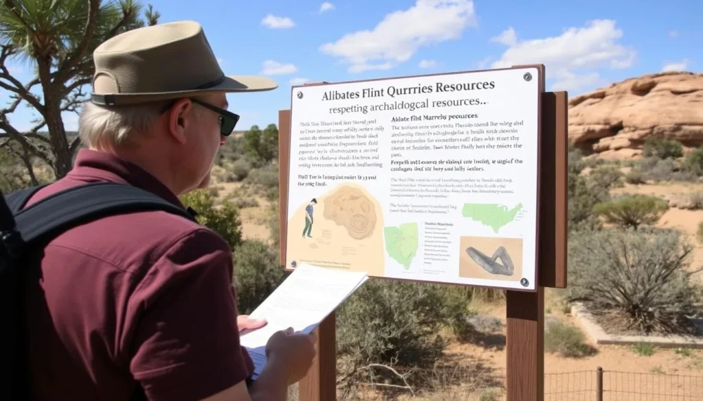 Visitor reading informational sign about respecting archaeological resources at Alibates Flint Quarries
