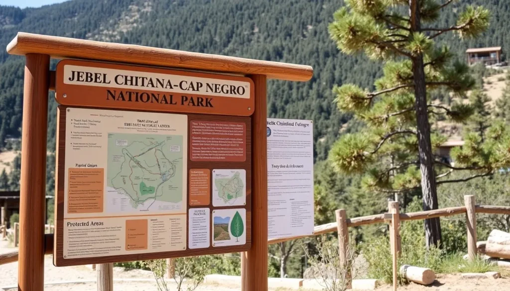 Visitor reading informational signage at Jebel Chitana-Cap Negro National Park entrance