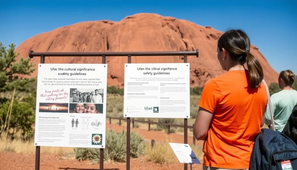 Visitor reading informational signs about Uluru cultural significance and safety