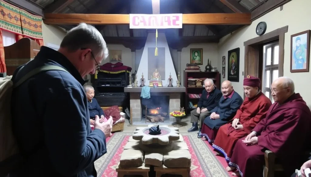 Visitor respectfully greeting Brokpa elders in a traditional home setting