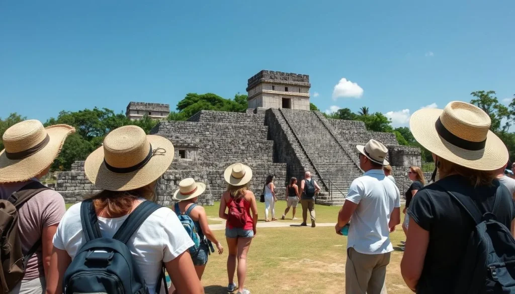 Visitor respectfully viewing Mayan ruins at Dzibilchantun