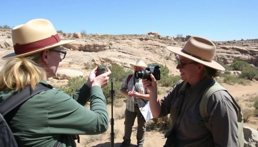 Visitor taking photos of colorful Alibates flint samples during a ranger-led tour