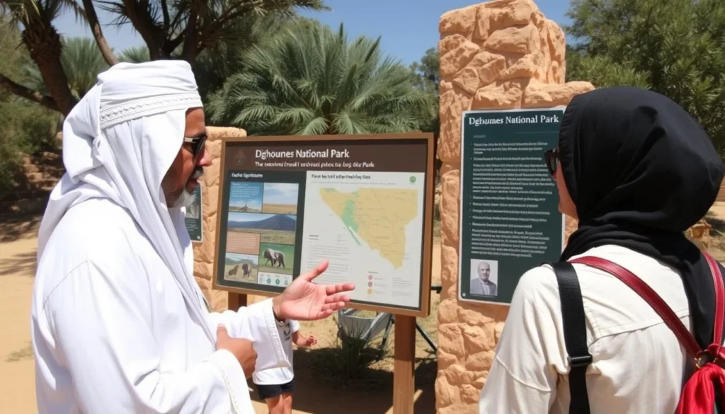 Visitor talking with a local guide at Dghoumes National Park entrance