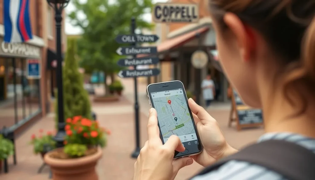 Visitor using a mobile phone to navigate Coppell attractions