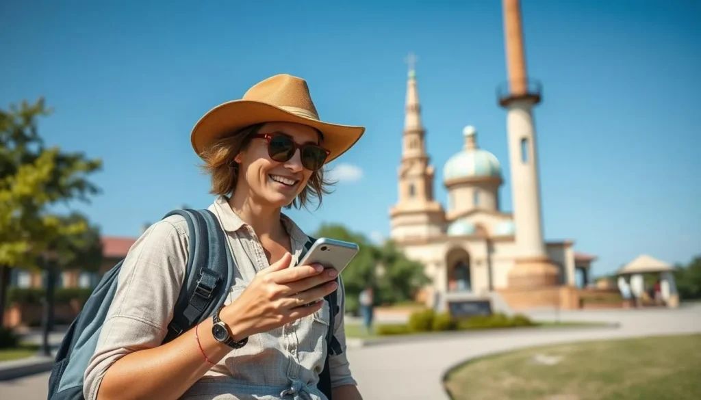 Visitor using smartphone to navigate Fulshear Texas attractions Visitor using smartphone to navigate Fulshear Texas attractions