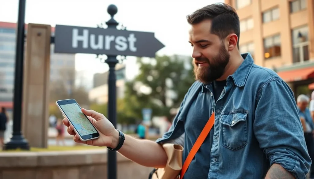Visitor using smartphone to navigate Hurst Texas attractions Visitor using smartphone to navigate Hurst Texas attractions