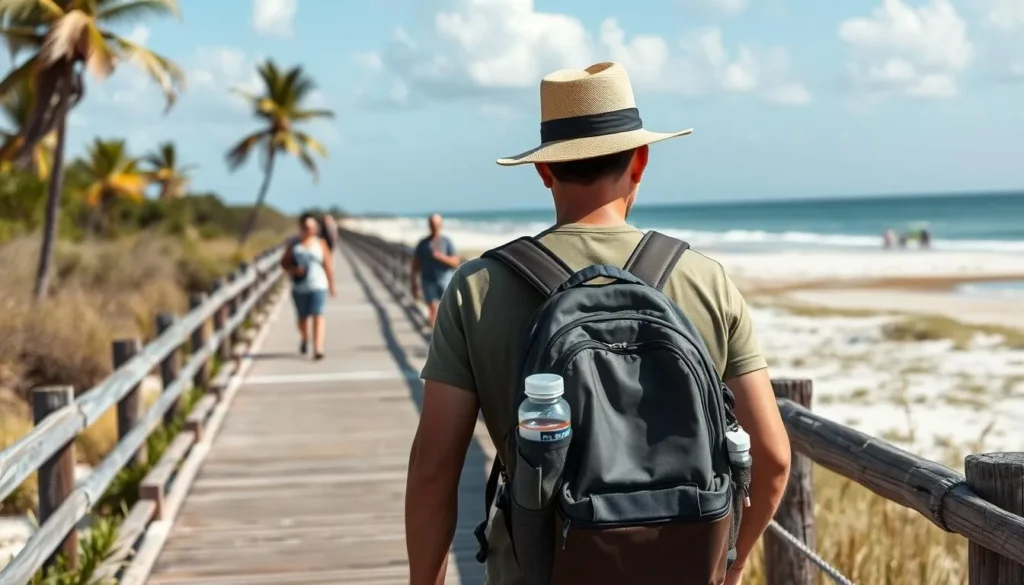 Visitor with backpack and beach gear heading to Don Pedro Island State Park