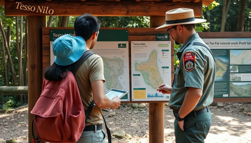 Visitor with park ranger examining a map of Tesso Nilo National Park trails