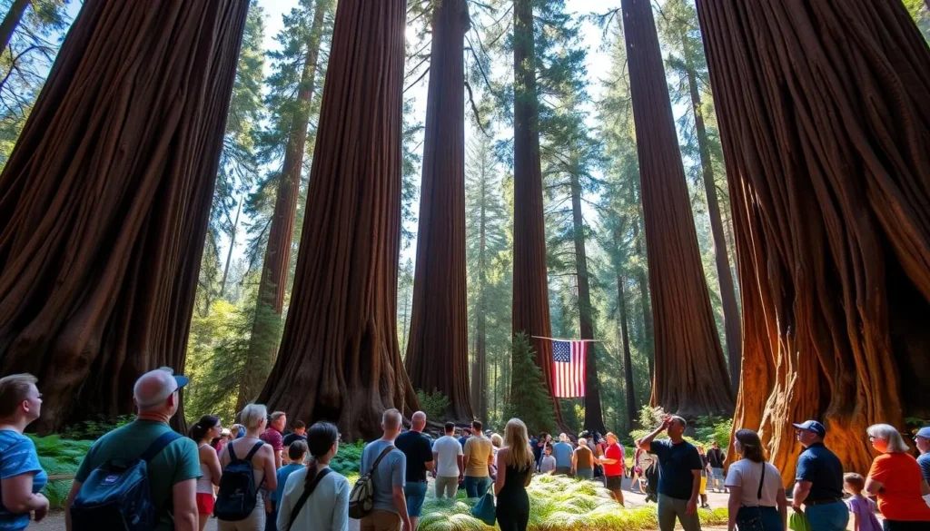 Visitors admiring massive redwood trees at Richardson Grove State Park
