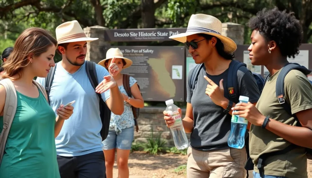 Visitors applying sunscreen and carrying water bottles at DeSoto Site Historic State Park Visitors applying sunscreen and carrying water bottles at DeSoto Site Historic State Park