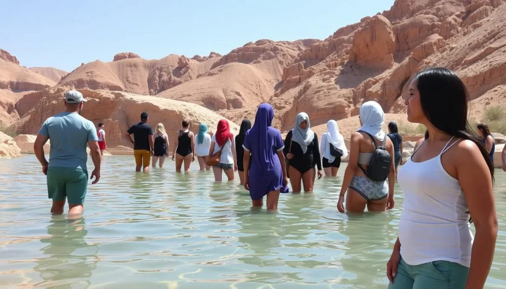 Visitors at Wadi Bani Khalid dressed in appropriate attire respecting local customs