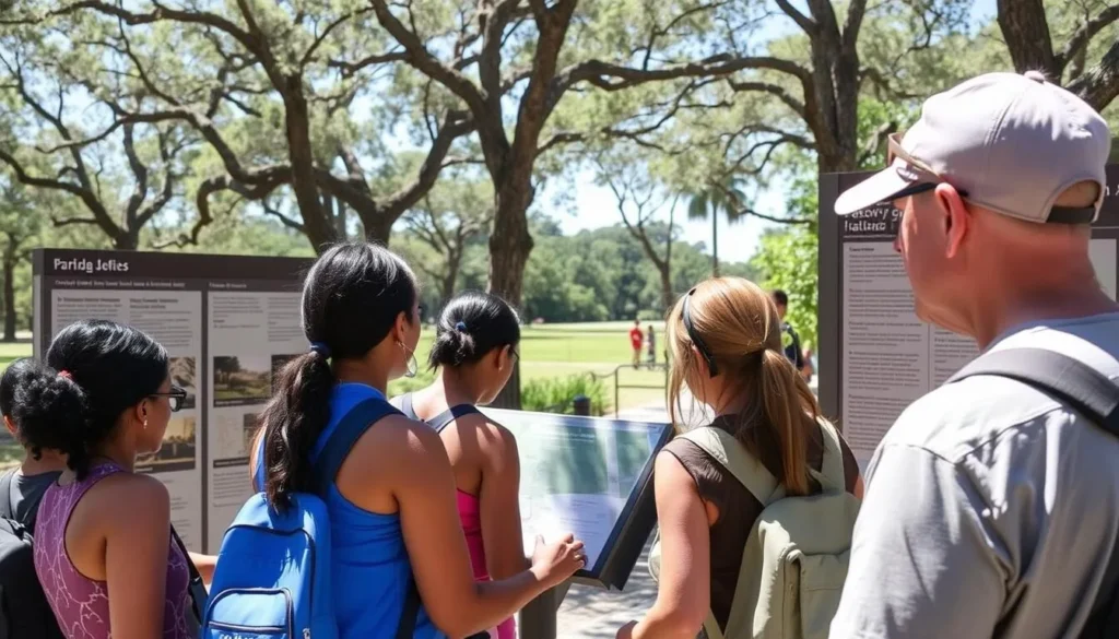 Visitors at an information kiosk at Dr. Von D. Mizell-Eula Johnson State Park Florida