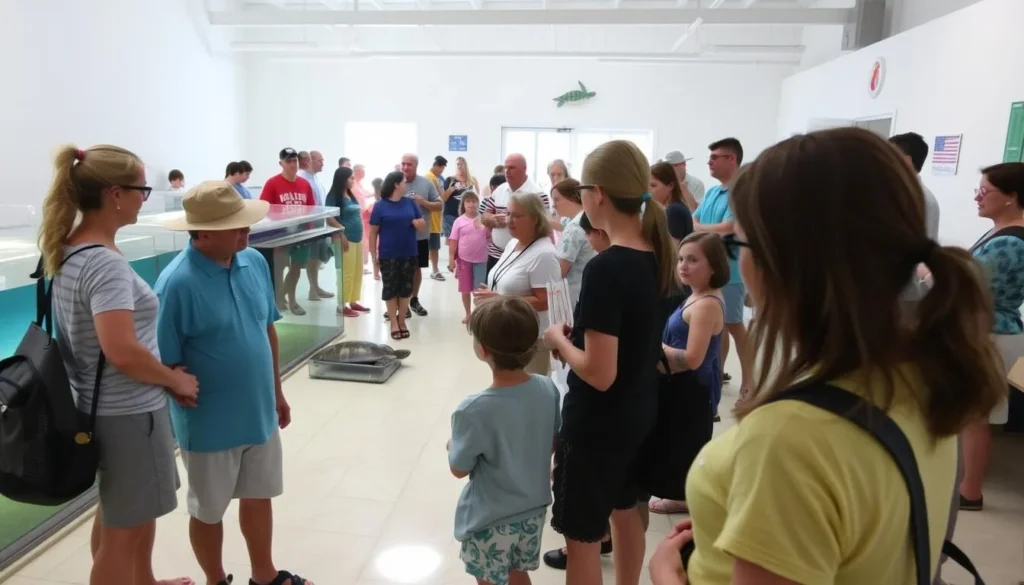 Visitors at the Marathon Turtle Hospital interacting with sea turtles Visitors at the Marathon Turtle Hospital interacting with sea turtles