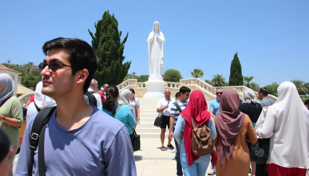 Visitors at the Our Lady of Lebanon site in Harissa with appropriate attire