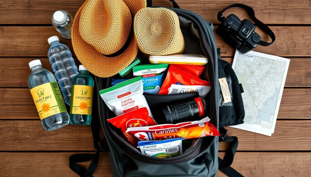 Visitor's backpack with essential supplies for a day trip to Anclote Key including water bottles, sunscreen, and snacks Visitor's backpack with essential supplies for a day trip to Anclote Key including water bottles, sunscreen, and snacks