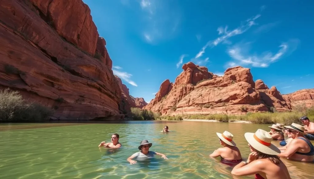 Visitors enjoying Ormiston Gorge waterhole during the ideal visiting season in West MacDonnell National Park with clear blue skies